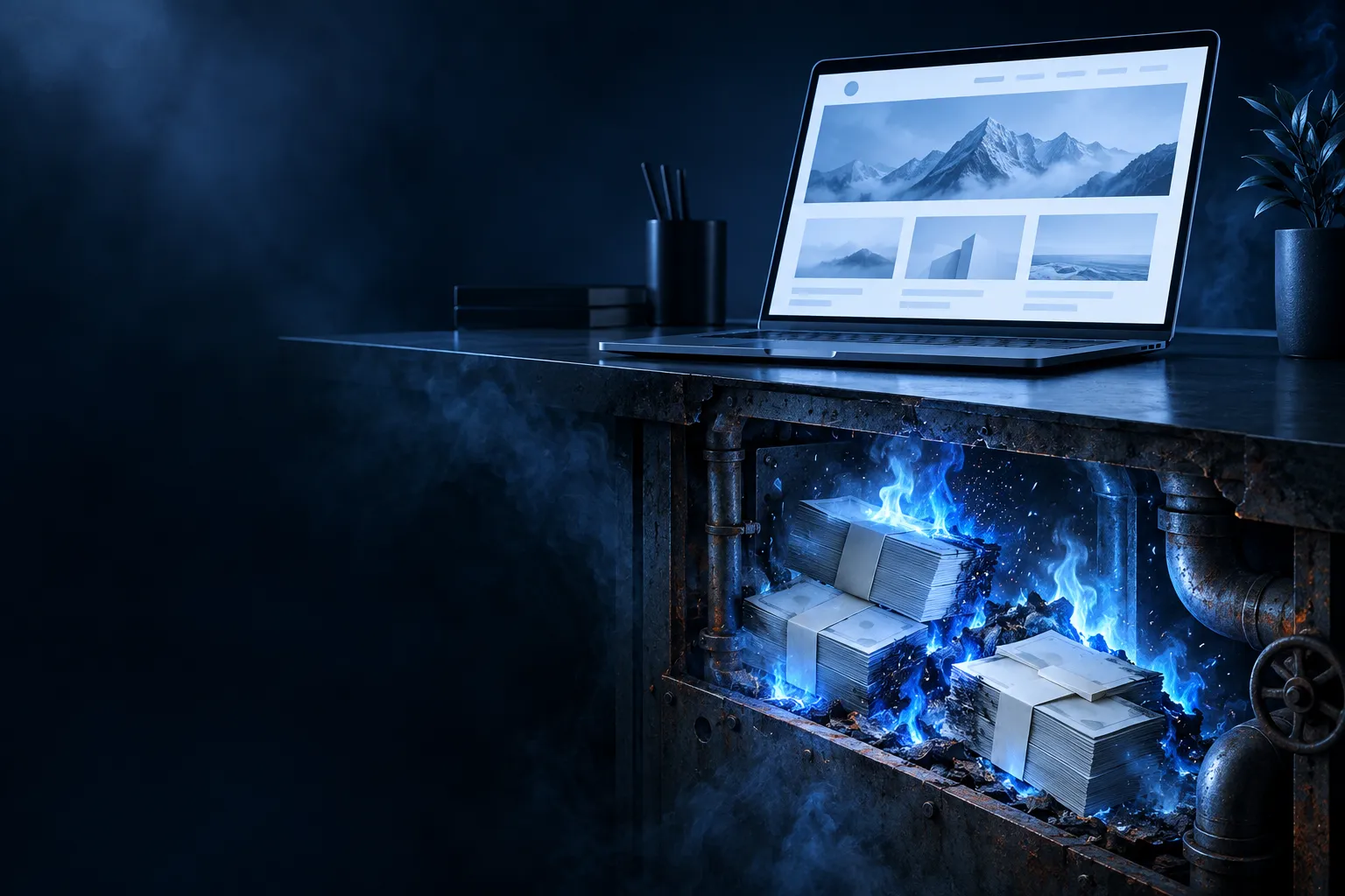 Hibátlannak tűnő weboldal egy laptopon, alatta rejtett gépházban kék lángon égő pénzkötegek
